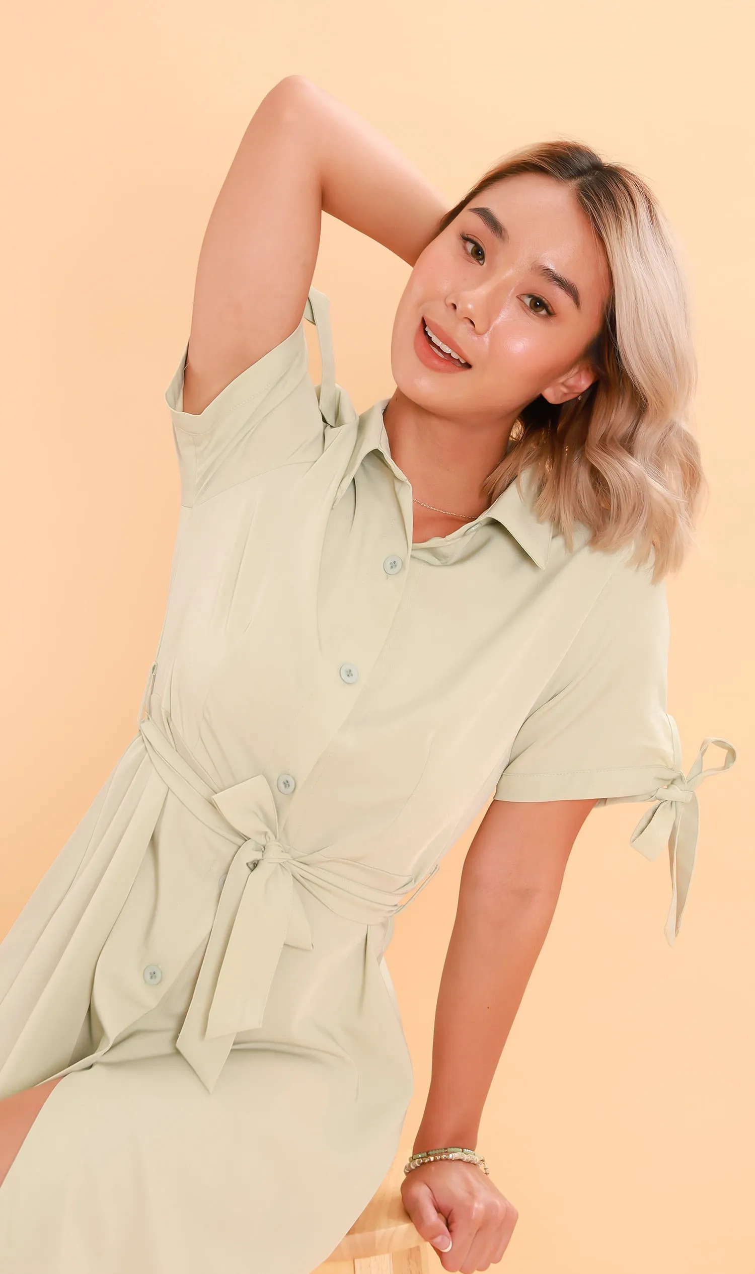 PEYTON Belted Button-Down Dress (Pastel Green)
