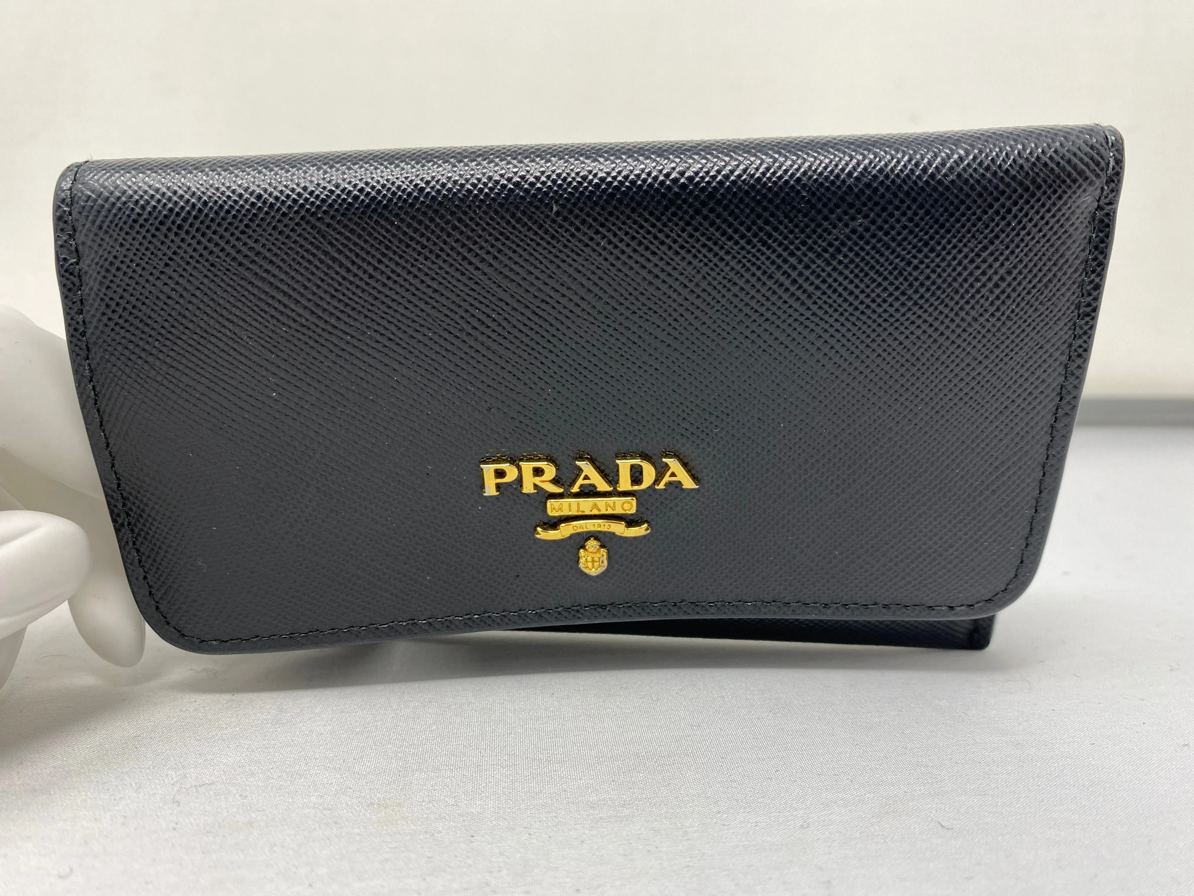 Prada Black Leather Fold over Snap Card Holder with Gold Hardware