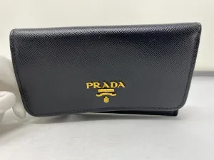Prada Black Leather Fold over Snap Card Holder with Gold Hardware
