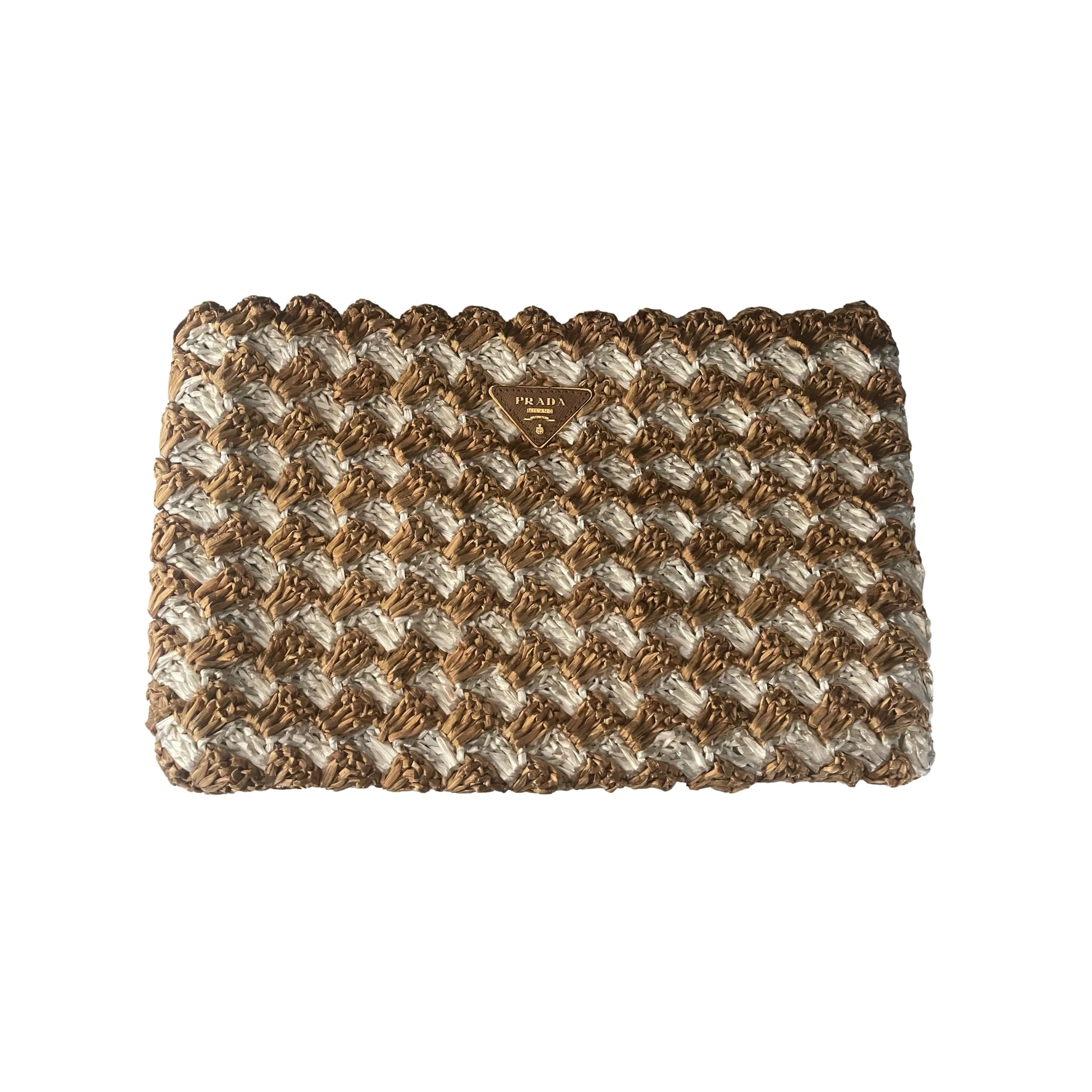 Prada Gold Raffia Woven Clutch
