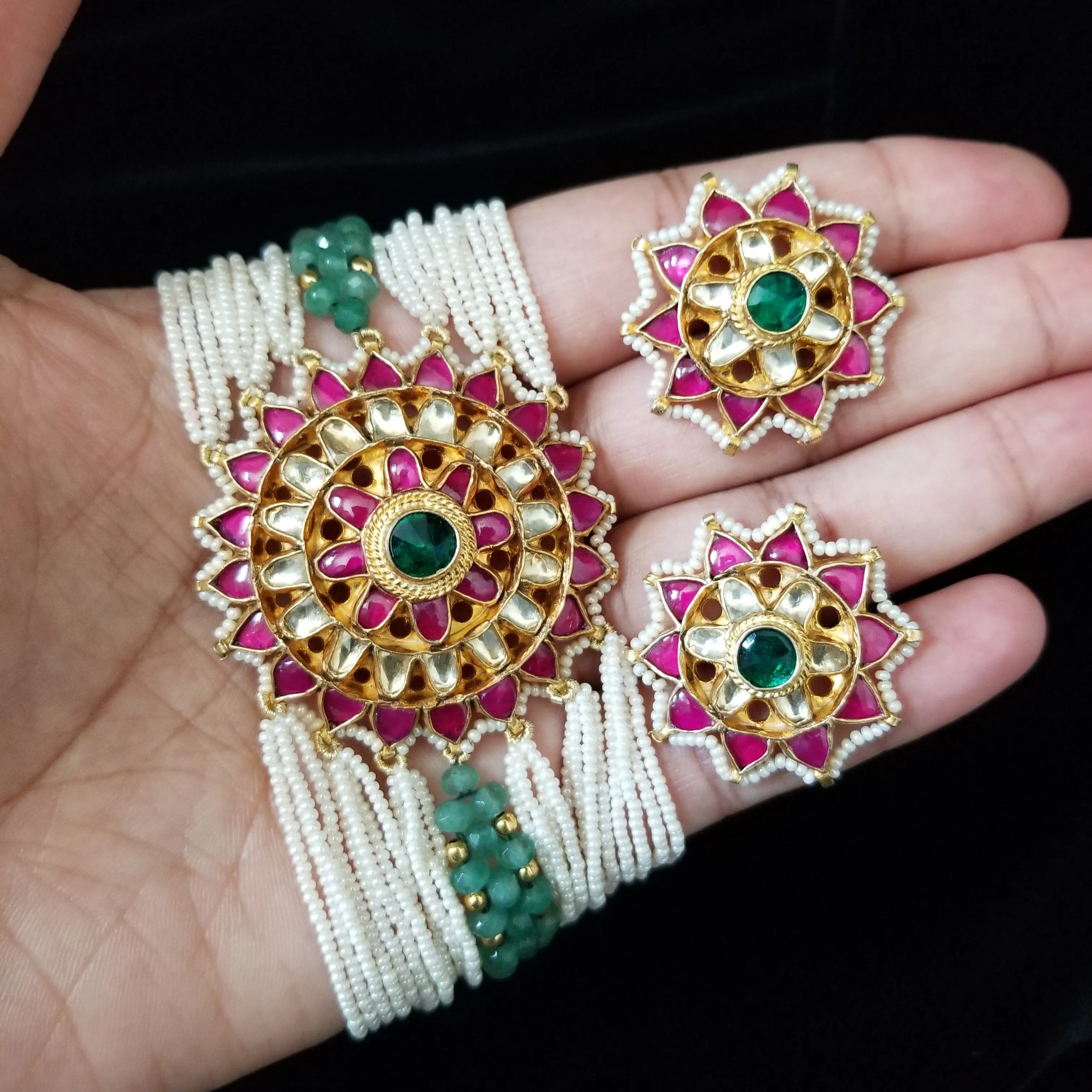 Premium Pearl Choker Kundan Set With Gold Finish