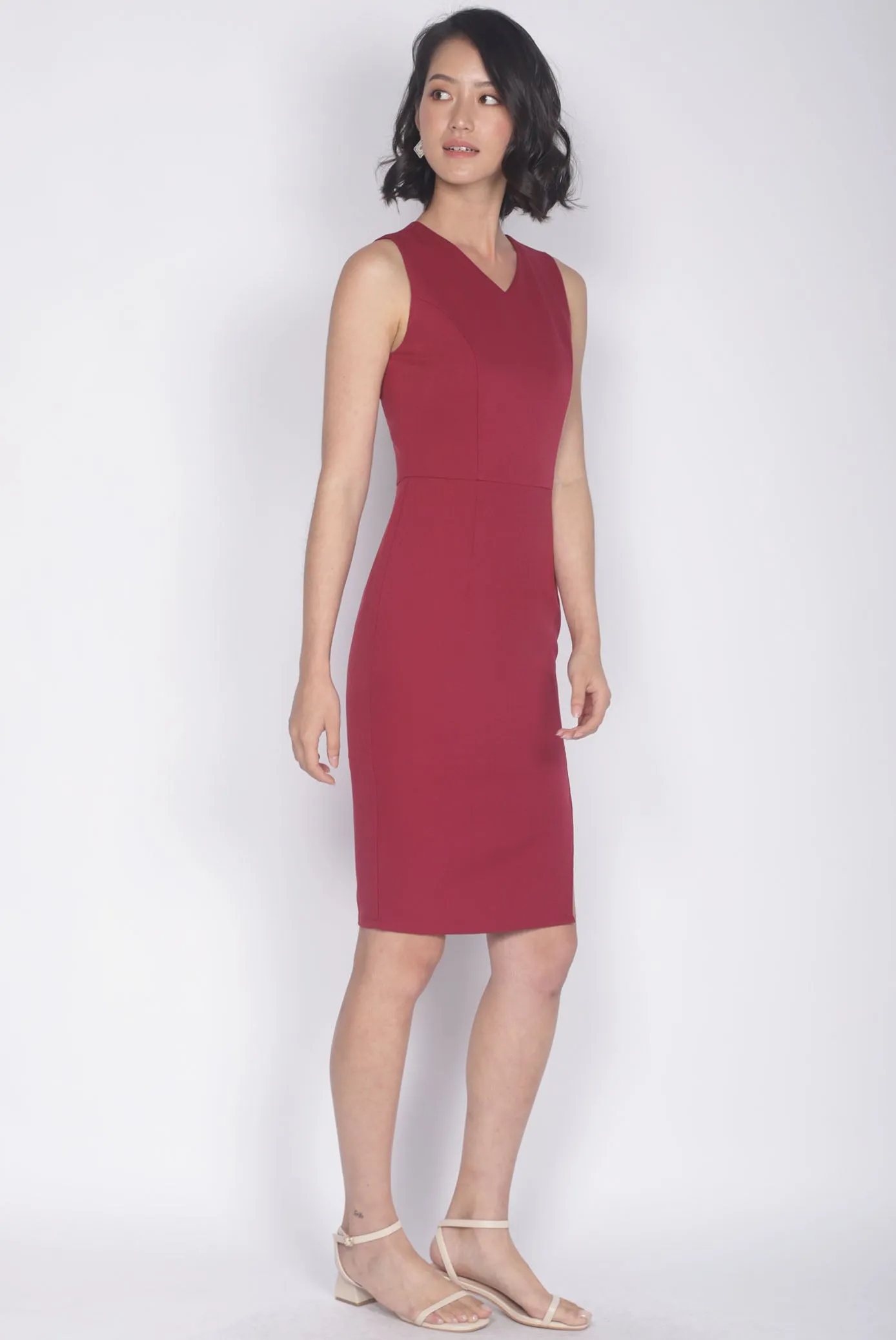 *Premium* Tulisa Removable Oriental Collar Obi Belt Dress In Wine Red