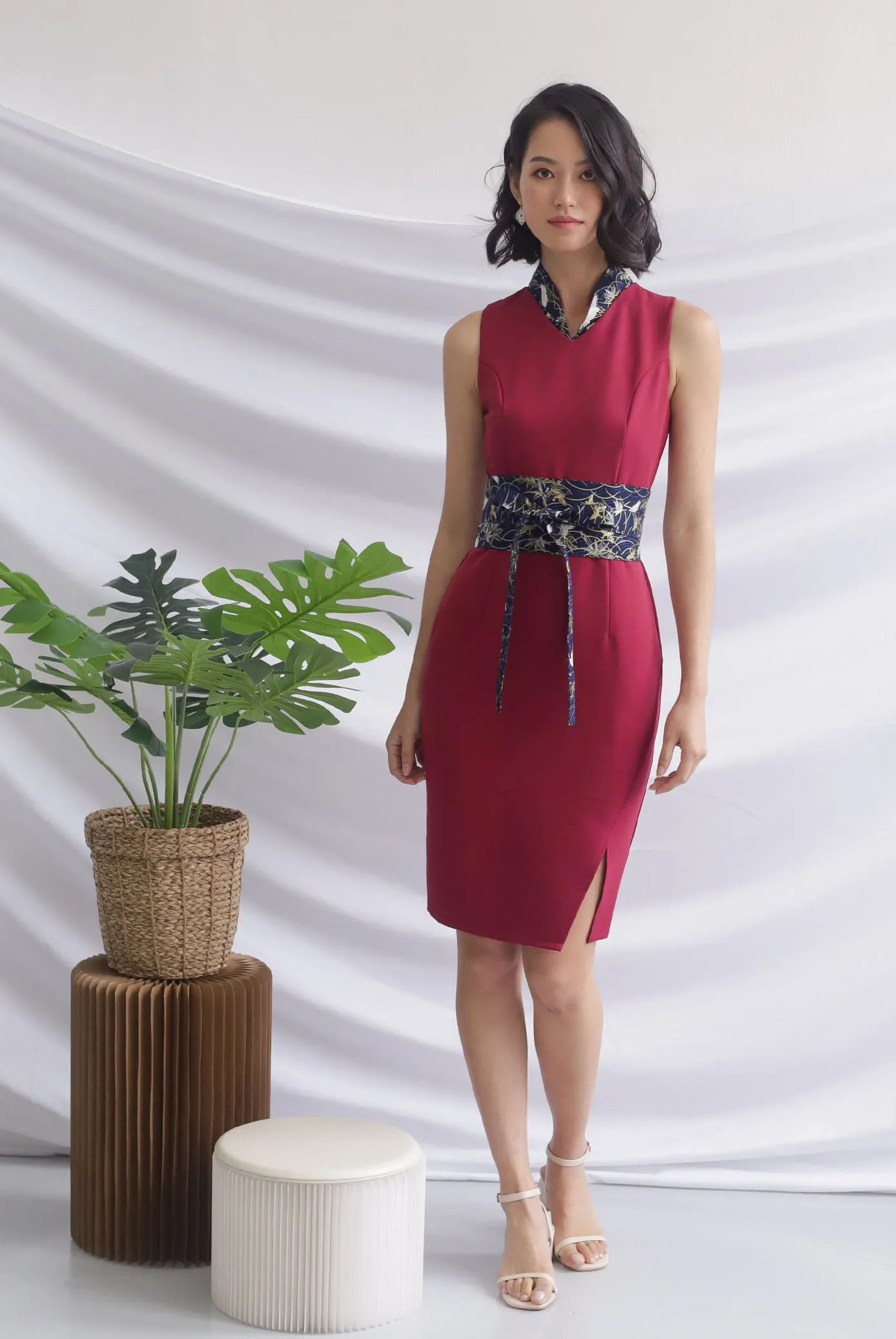*Premium* Tulisa Removable Oriental Collar Obi Belt Dress In Wine Red