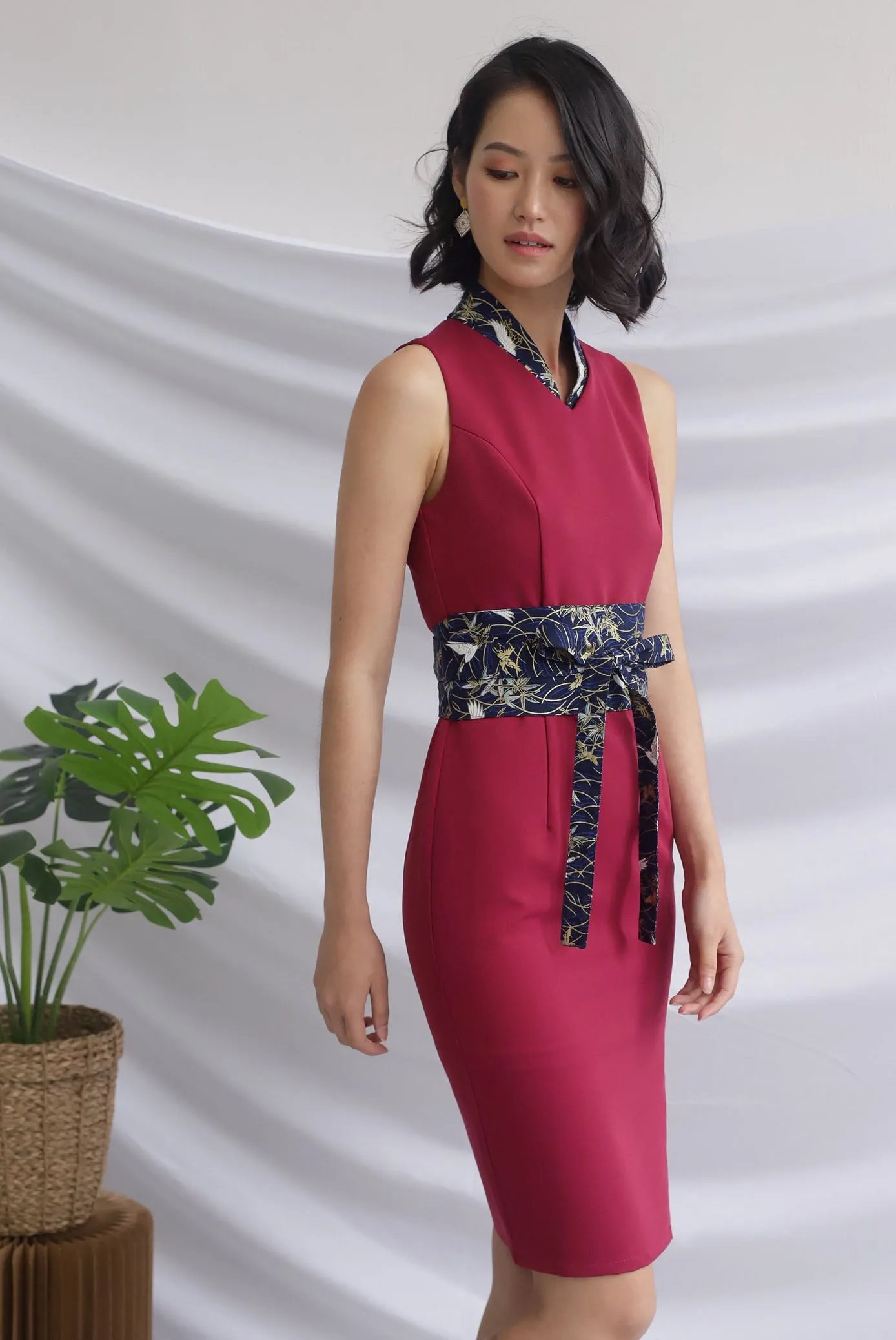 *Premium* Tulisa Removable Oriental Collar Obi Belt Dress In Wine Red