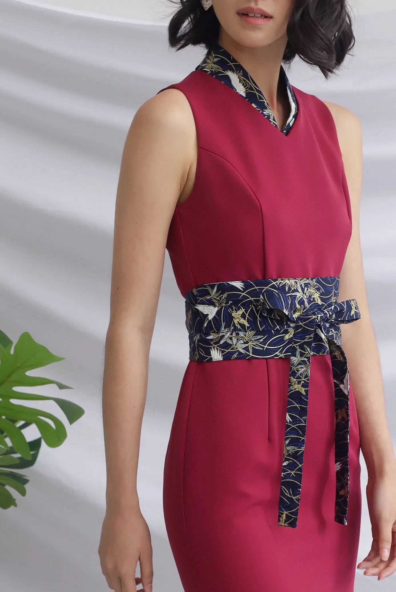 *Premium* Tulisa Removable Oriental Collar Obi Belt Dress In Wine Red