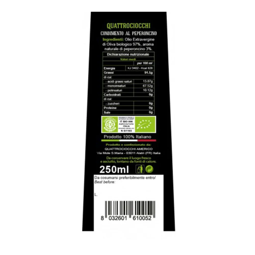 Quattrociocchi Chilli Pepper Infused Bio Extra Virgin Olive Oil (250ml)