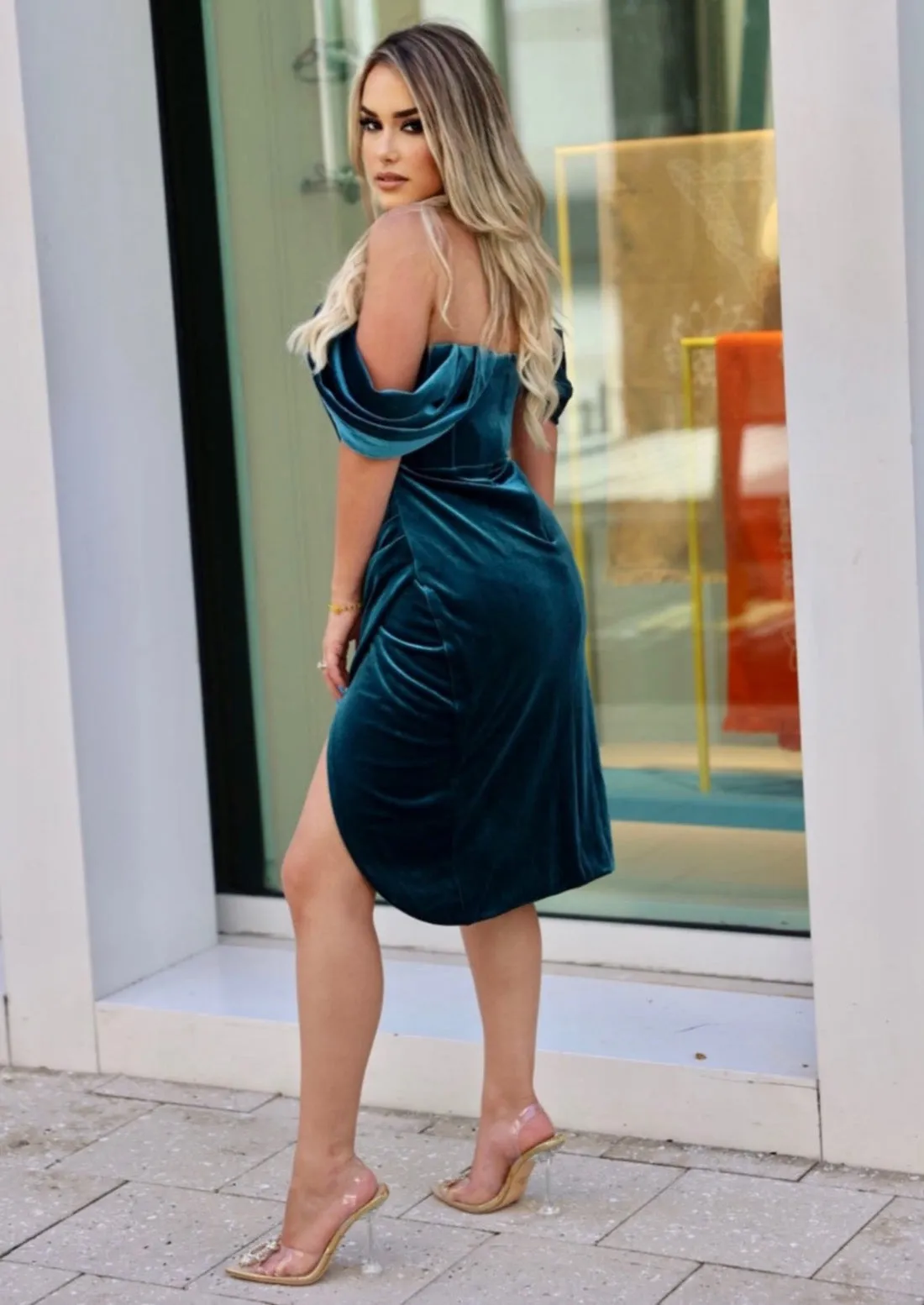 "NAIROVIS" COCKTAIL DRESS VELVET OFF SHOULDER SLEEVES