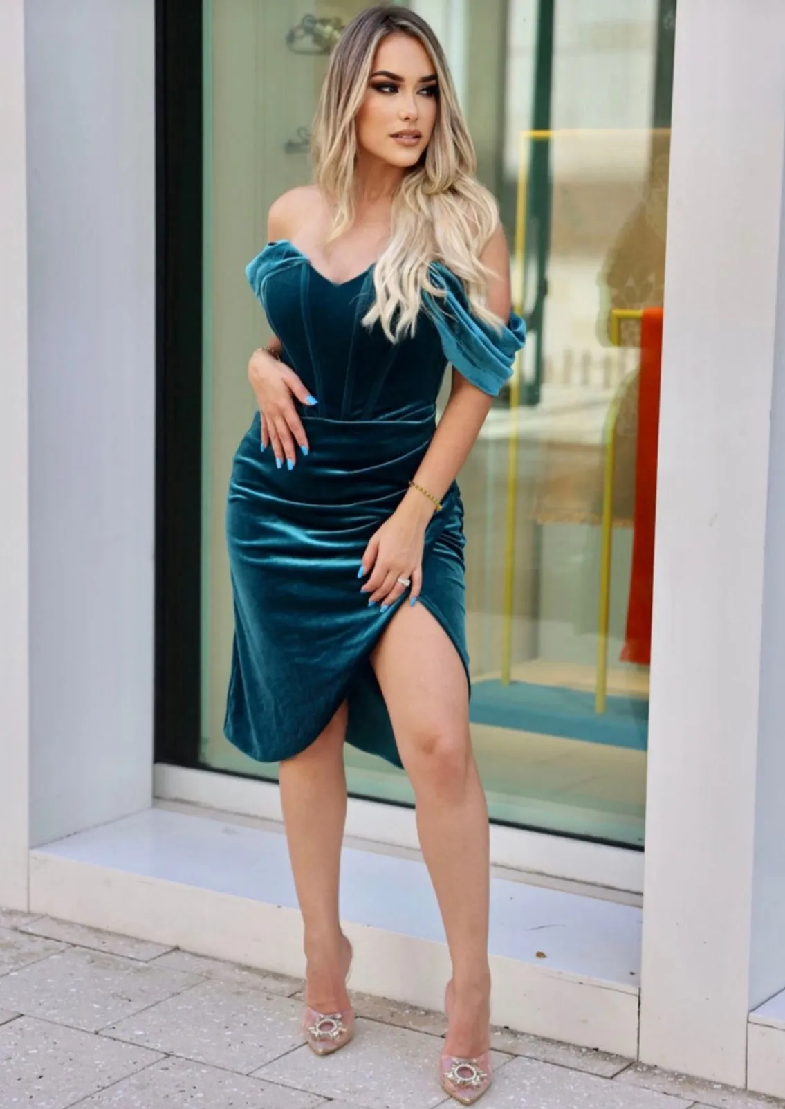 "NAIROVIS" COCKTAIL DRESS VELVET OFF SHOULDER SLEEVES