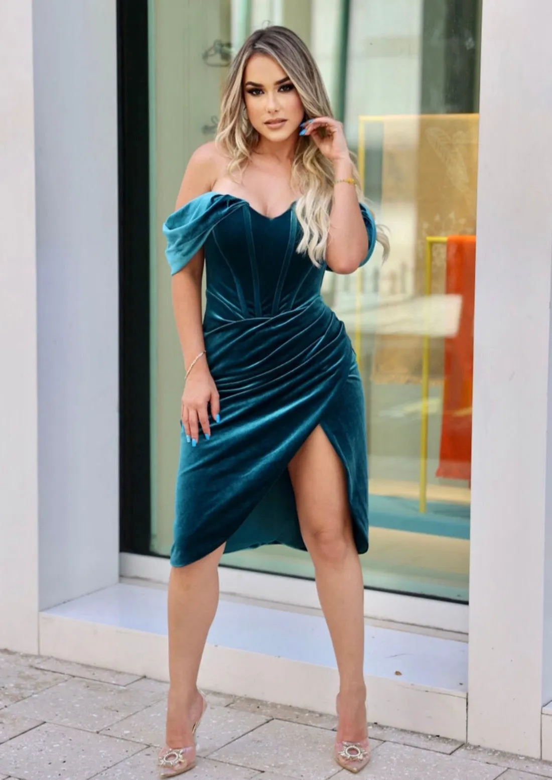 "NAIROVIS" COCKTAIL DRESS VELVET OFF SHOULDER SLEEVES