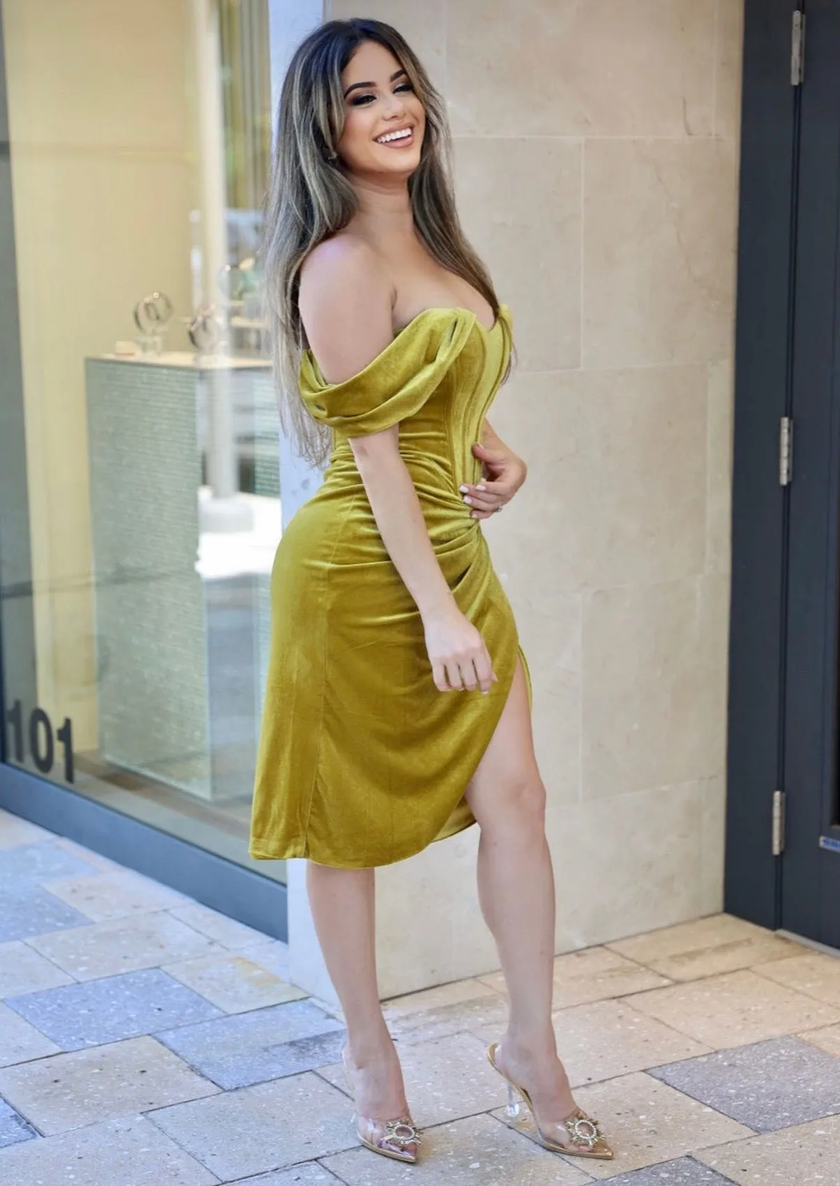 "SASHA" COCKTAIL DRESS  VELVET OFF SHOULDER SLEEVE
