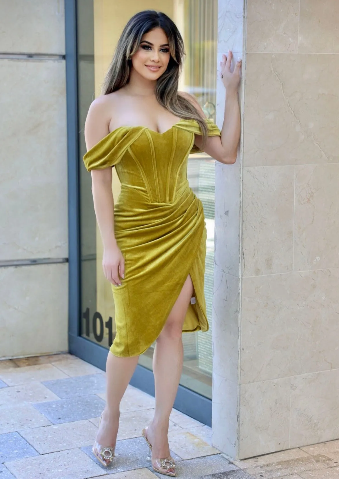 "SASHA" COCKTAIL DRESS  VELVET OFF SHOULDER SLEEVE