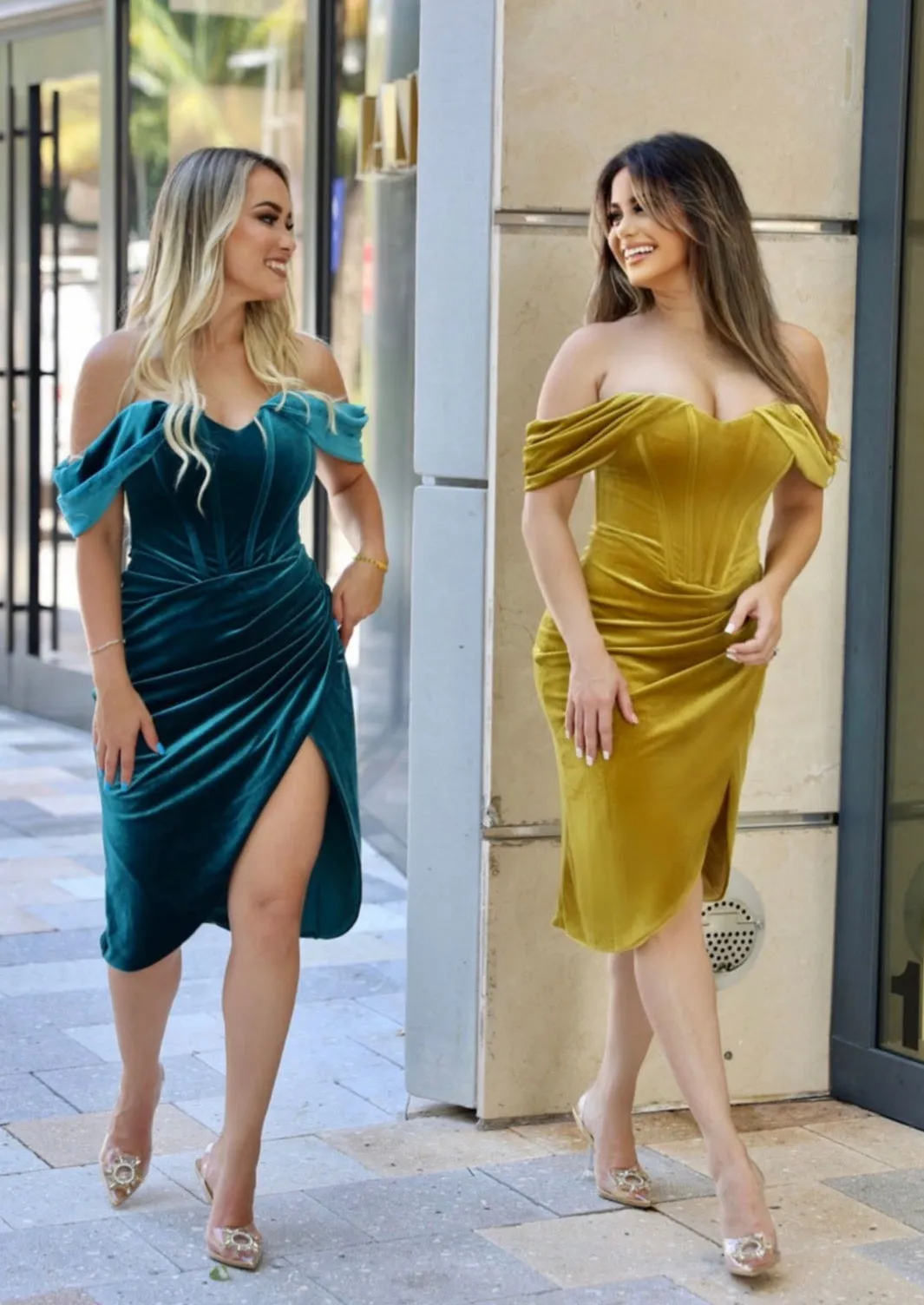 "SASHA" COCKTAIL DRESS  VELVET OFF SHOULDER SLEEVE