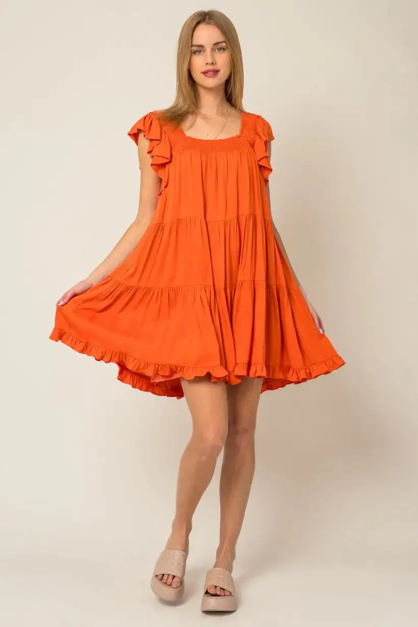 RUFFLE SLEEVES TIERED MINI DRESS