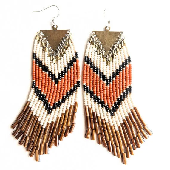 Sabina Orange Chevron Seed Bead Earrings