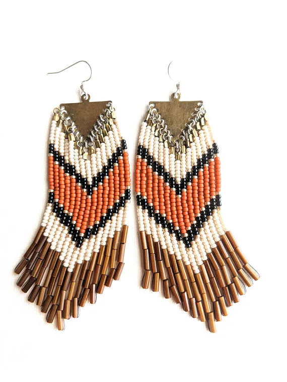 Sabina Orange Chevron Seed Bead Earrings