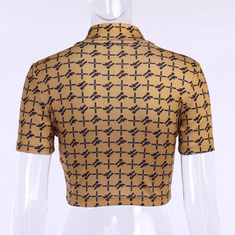 Sexy slim short sleeve cardigan with open navel, stand up collar, zipper, tight print T-shirt, top girl