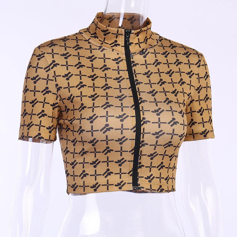 Sexy slim short sleeve cardigan with open navel, stand up collar, zipper, tight print T-shirt, top girl