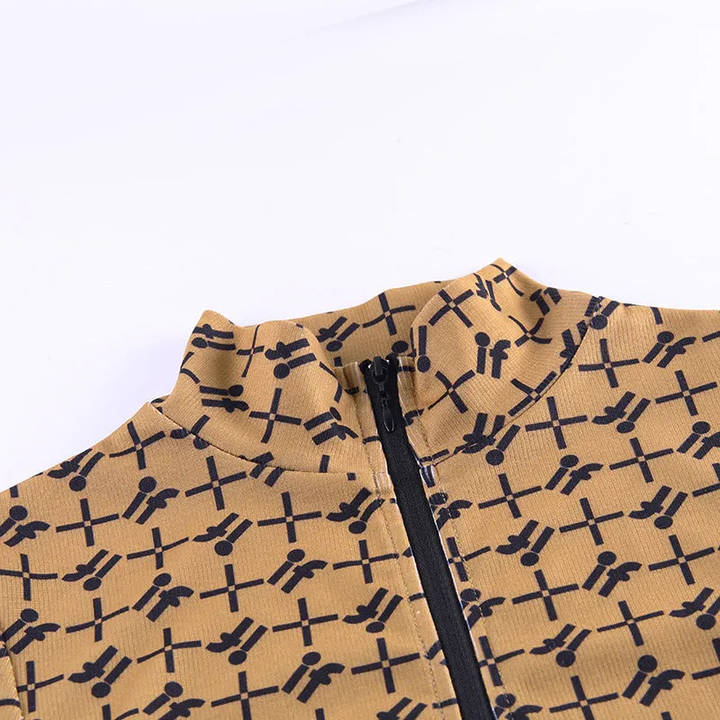 Sexy slim short sleeve cardigan with open navel, stand up collar, zipper, tight print T-shirt, top girl