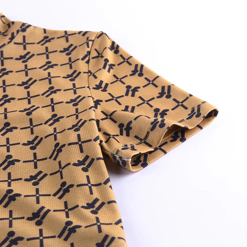 Sexy slim short sleeve cardigan with open navel, stand up collar, zipper, tight print T-shirt, top girl
