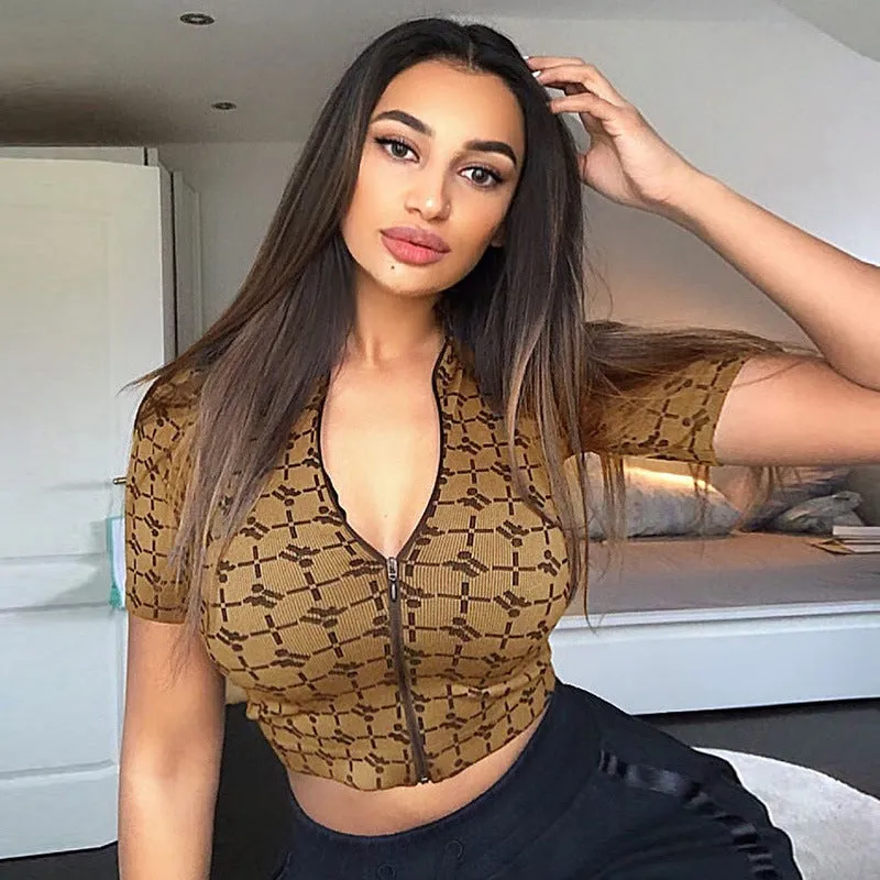 Sexy slim short sleeve cardigan with open navel, stand up collar, zipper, tight print T-shirt, top girl
