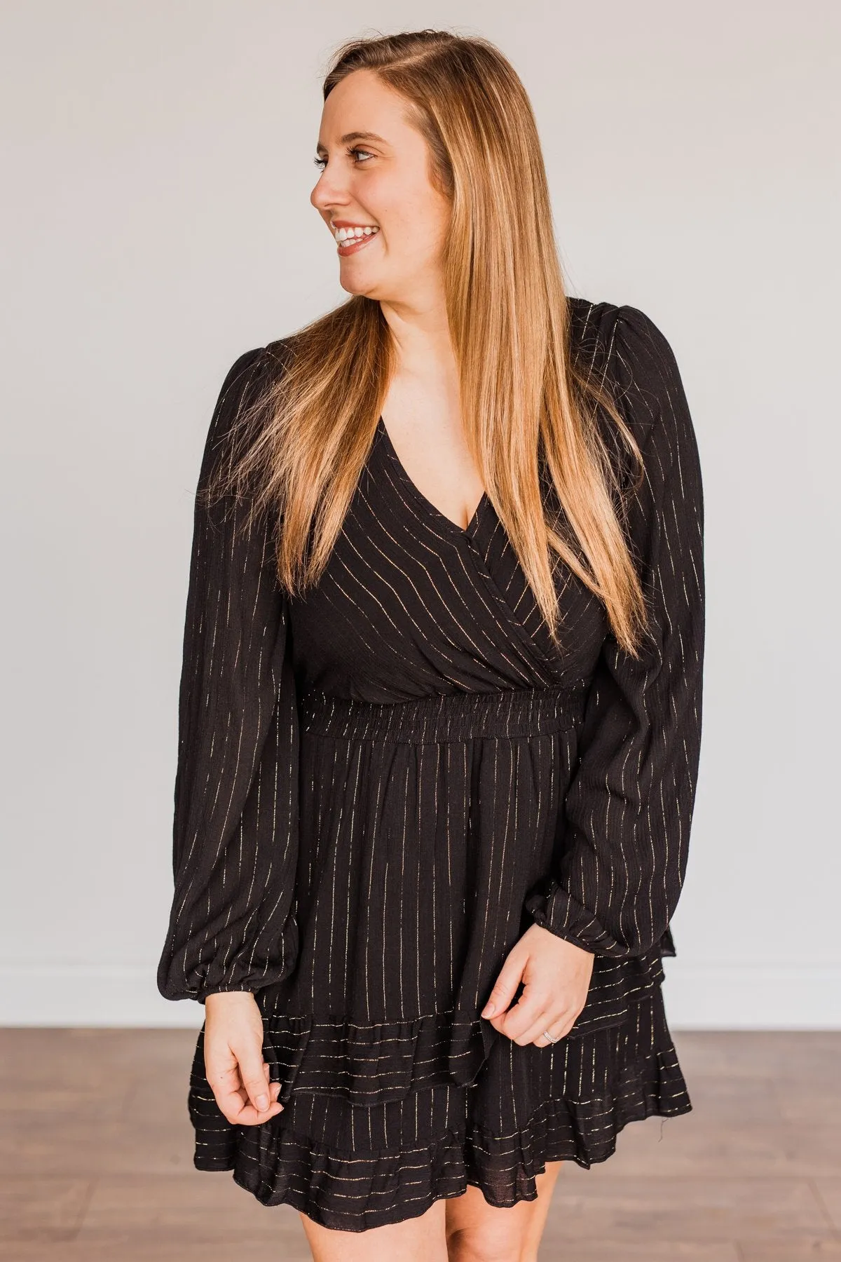 Shining Star Long Sleeve Dress- Black & Gold