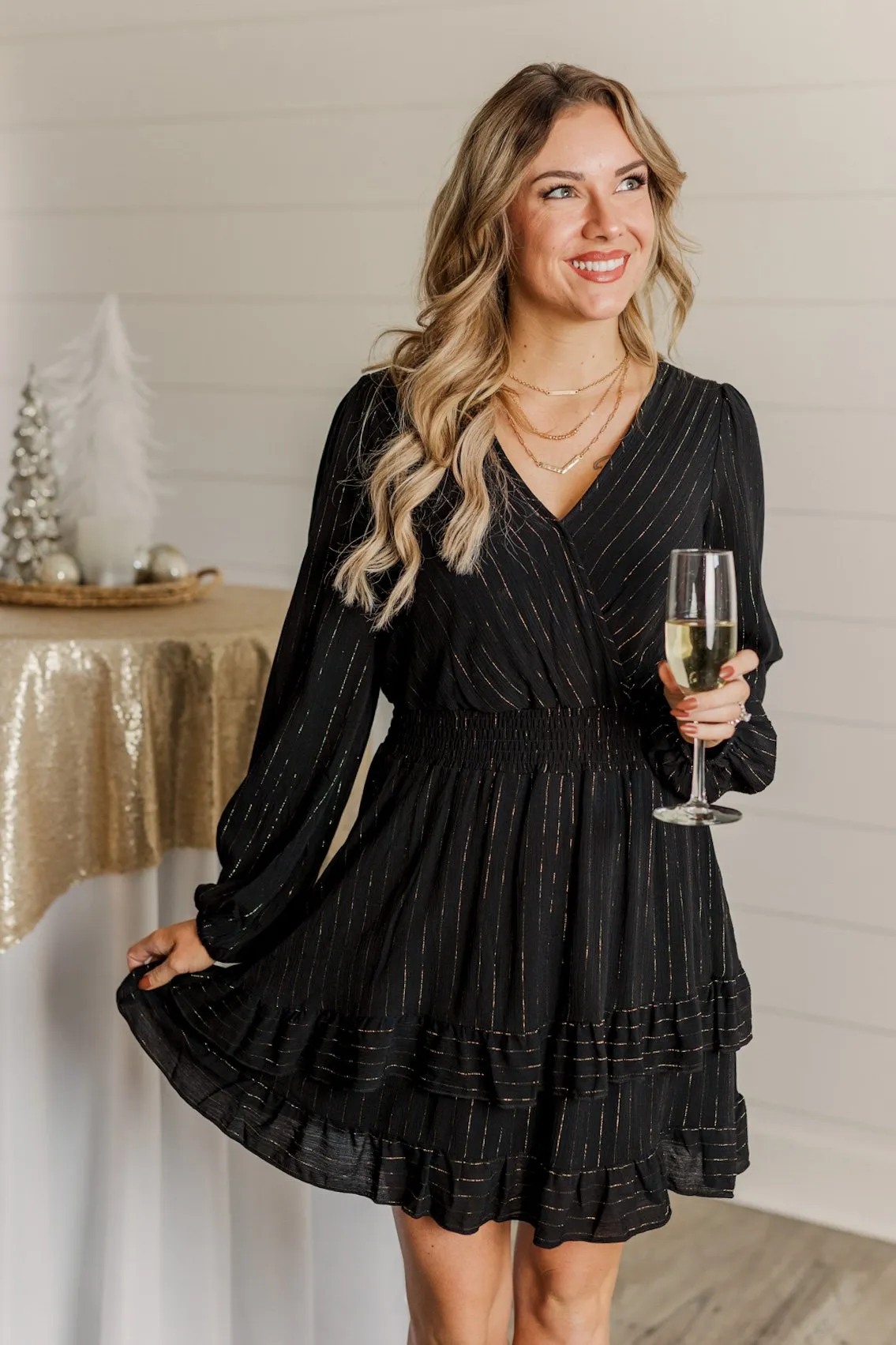 Shining Star Long Sleeve Dress- Black & Gold