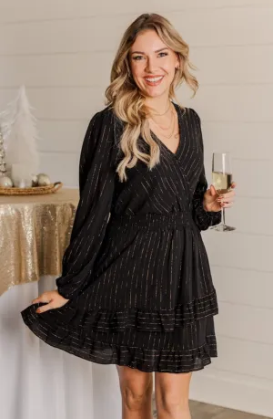 Shining Star Long Sleeve Dress- Black & Gold