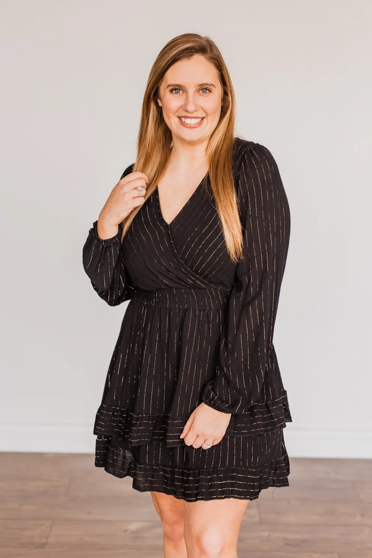Shining Star Long Sleeve Dress- Black & Gold
