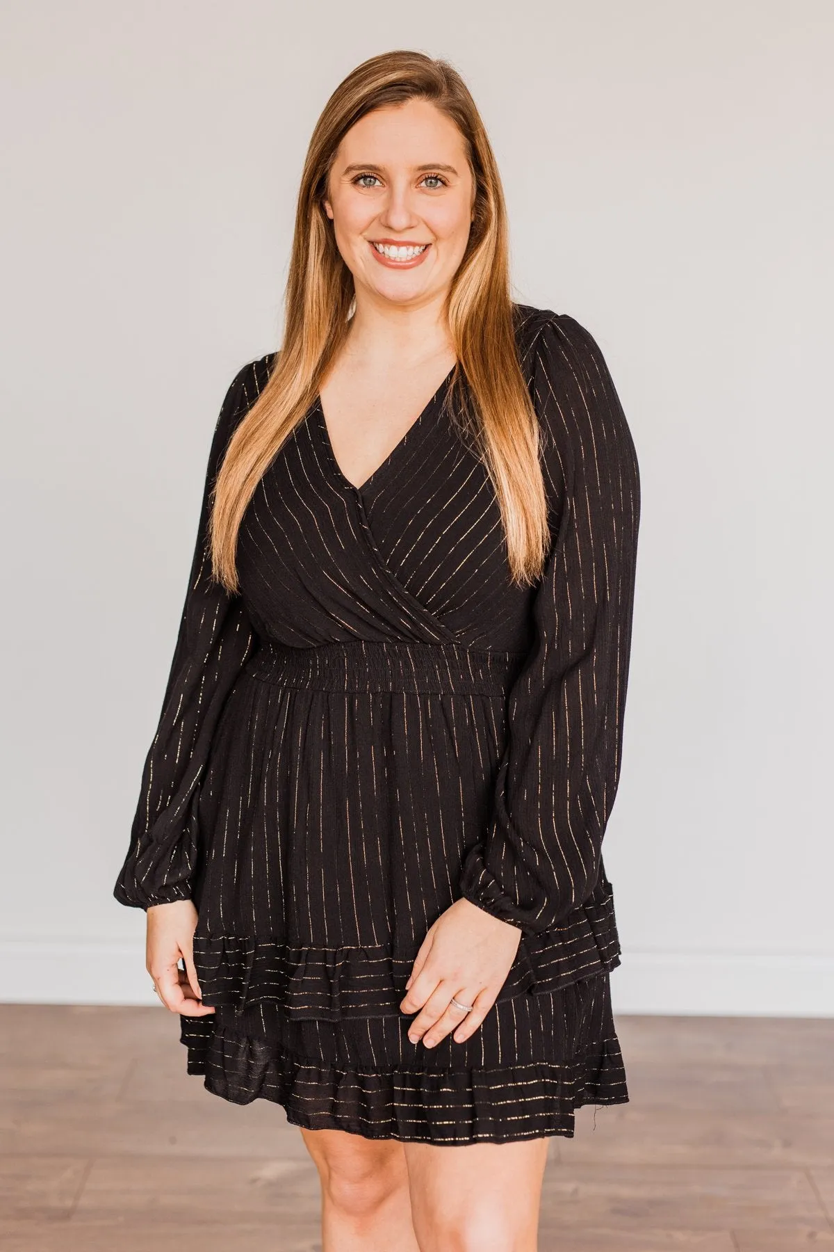 Shining Star Long Sleeve Dress- Black & Gold