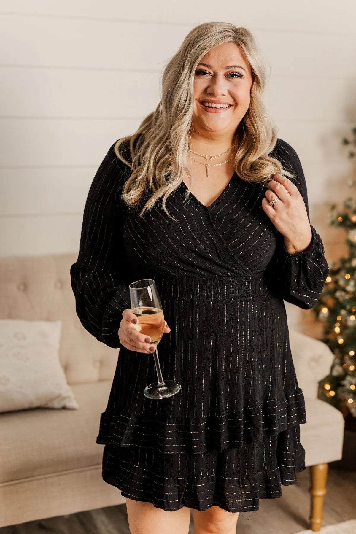 Shining Star Long Sleeve Dress- Black & Gold
