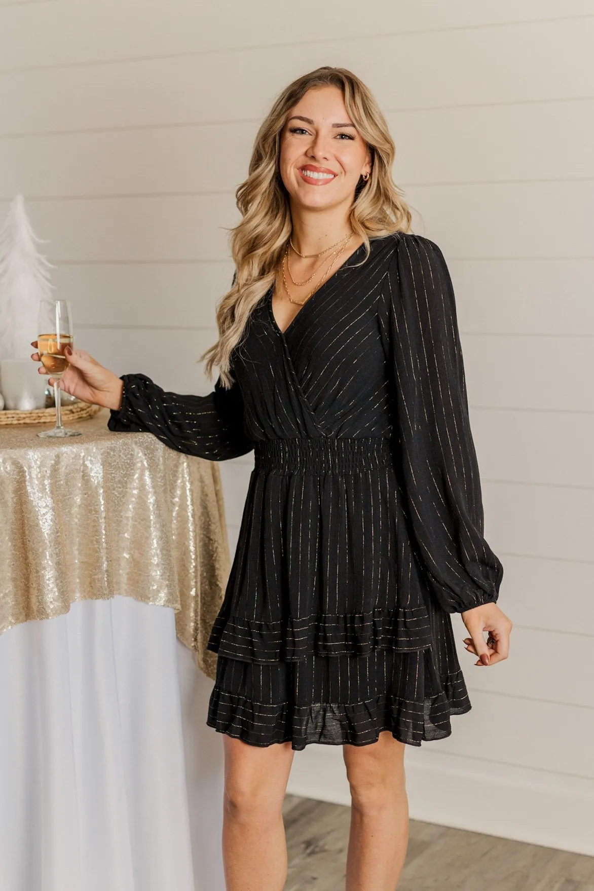 Shining Star Long Sleeve Dress- Black & Gold