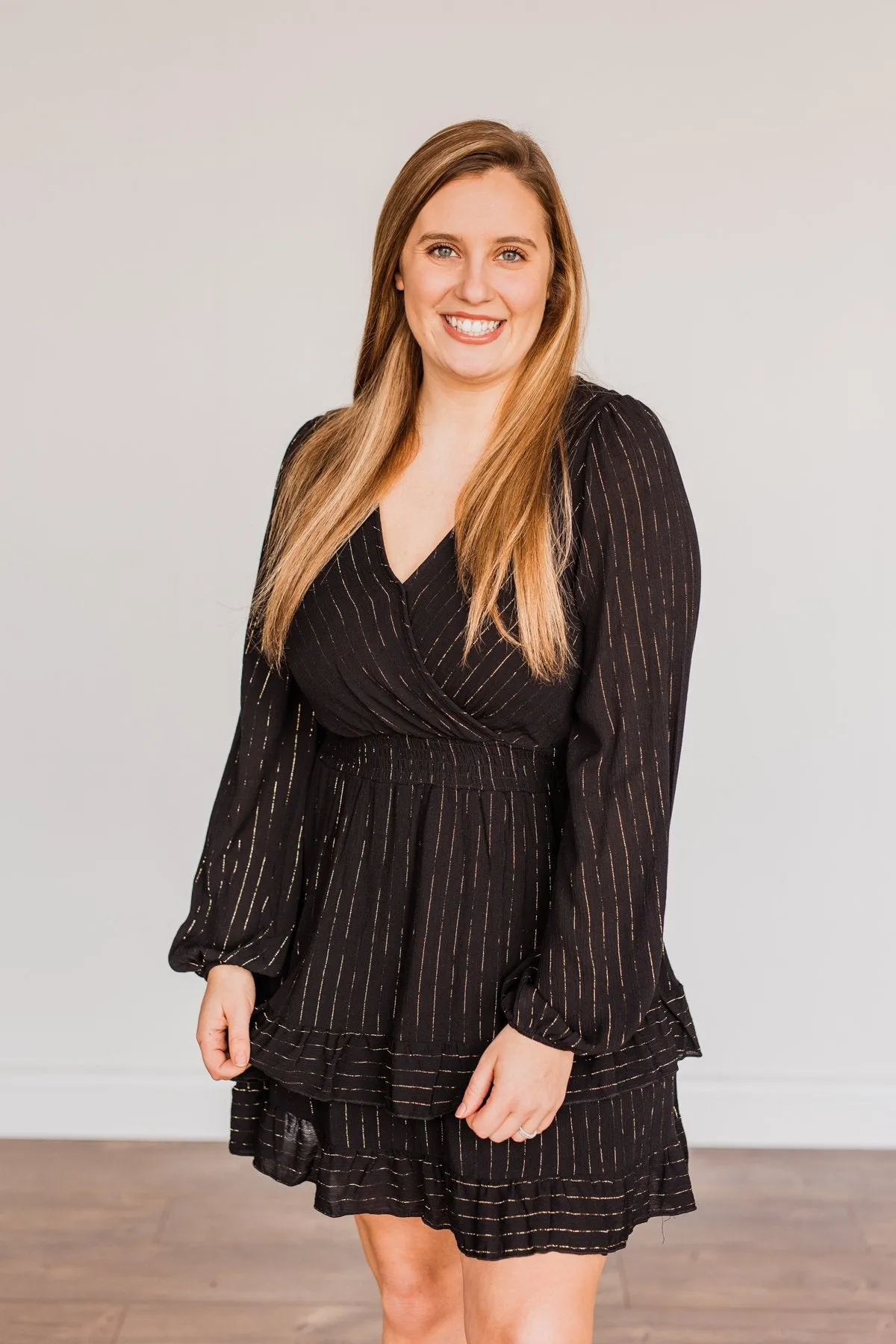 Shining Star Long Sleeve Dress- Black & Gold