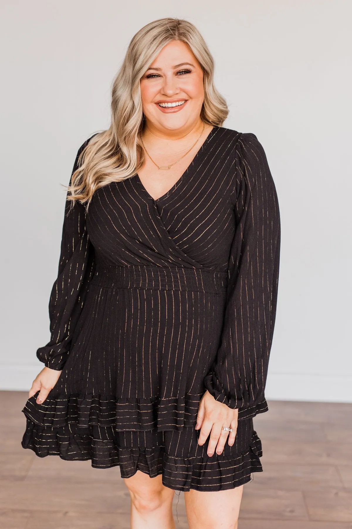 Shining Star Long Sleeve Dress- Black & Gold
