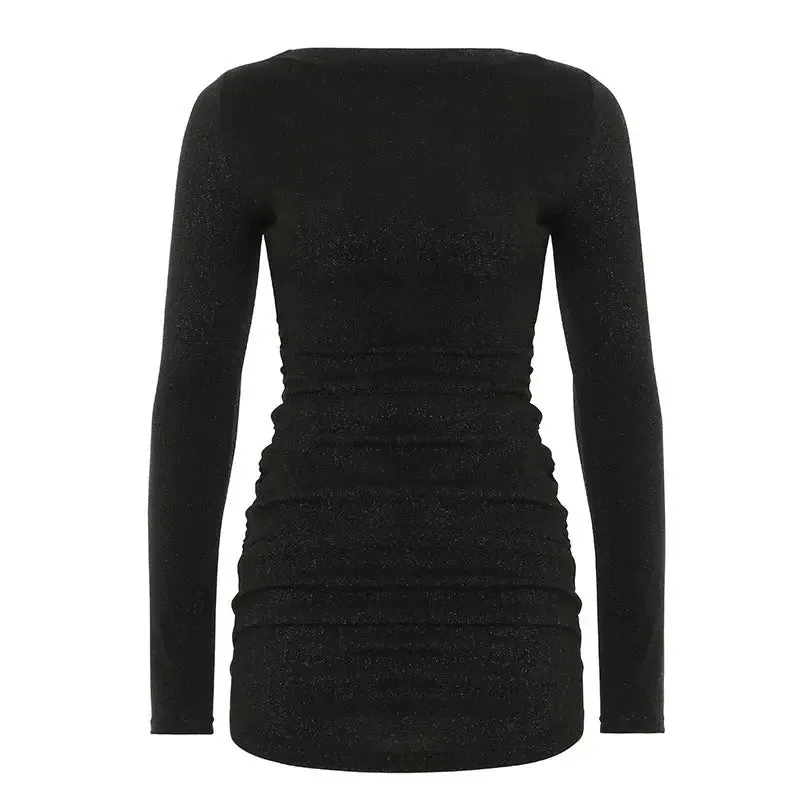 Silk Pleated Long Sleeve Dress - Slim Fit Waist-Controlled Hip Skirt