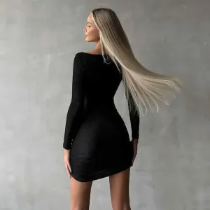 Silk Pleated Long Sleeve Dress - Slim Fit Waist-Controlled Hip Skirt