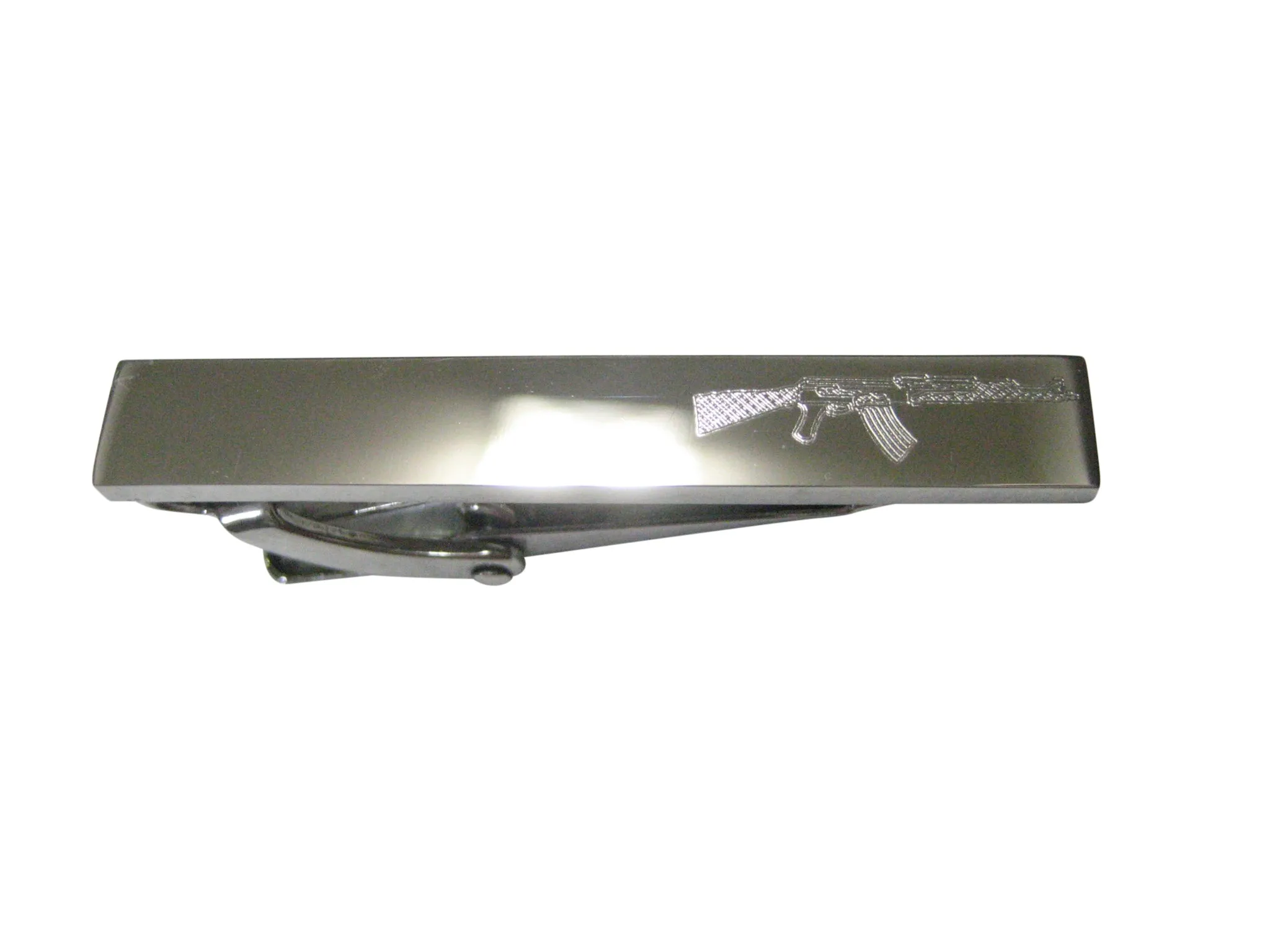 Silver Toned Etched Sleek AK47 Rifle Skinny Tie Clip