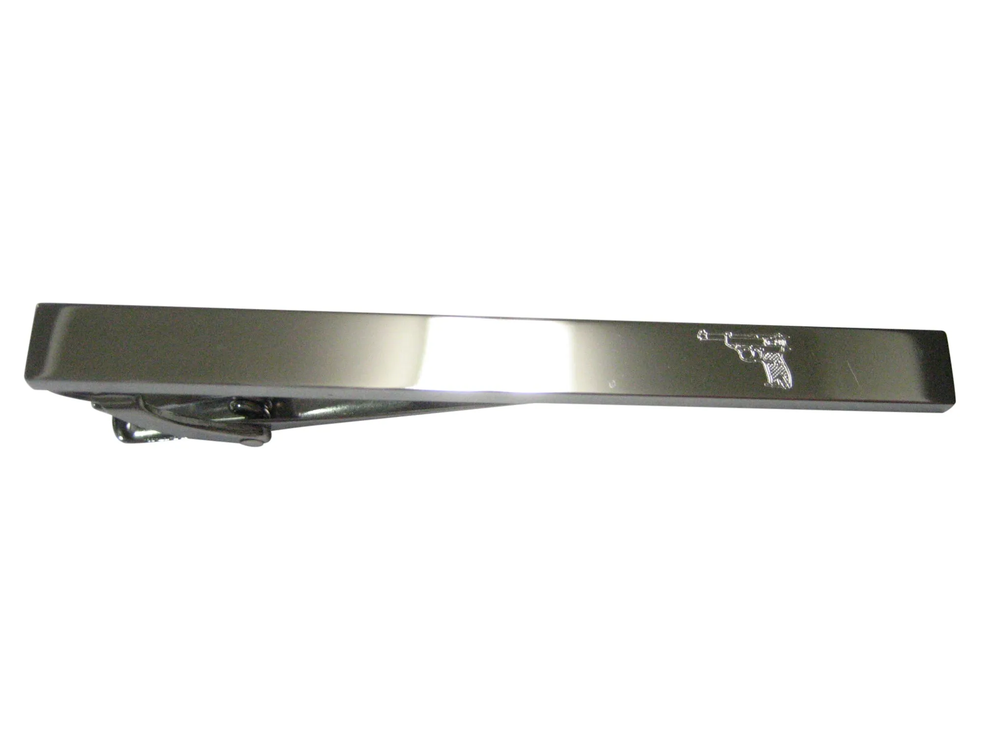 Silver Toned Etched Sleek Retro Handgun Tie Clip