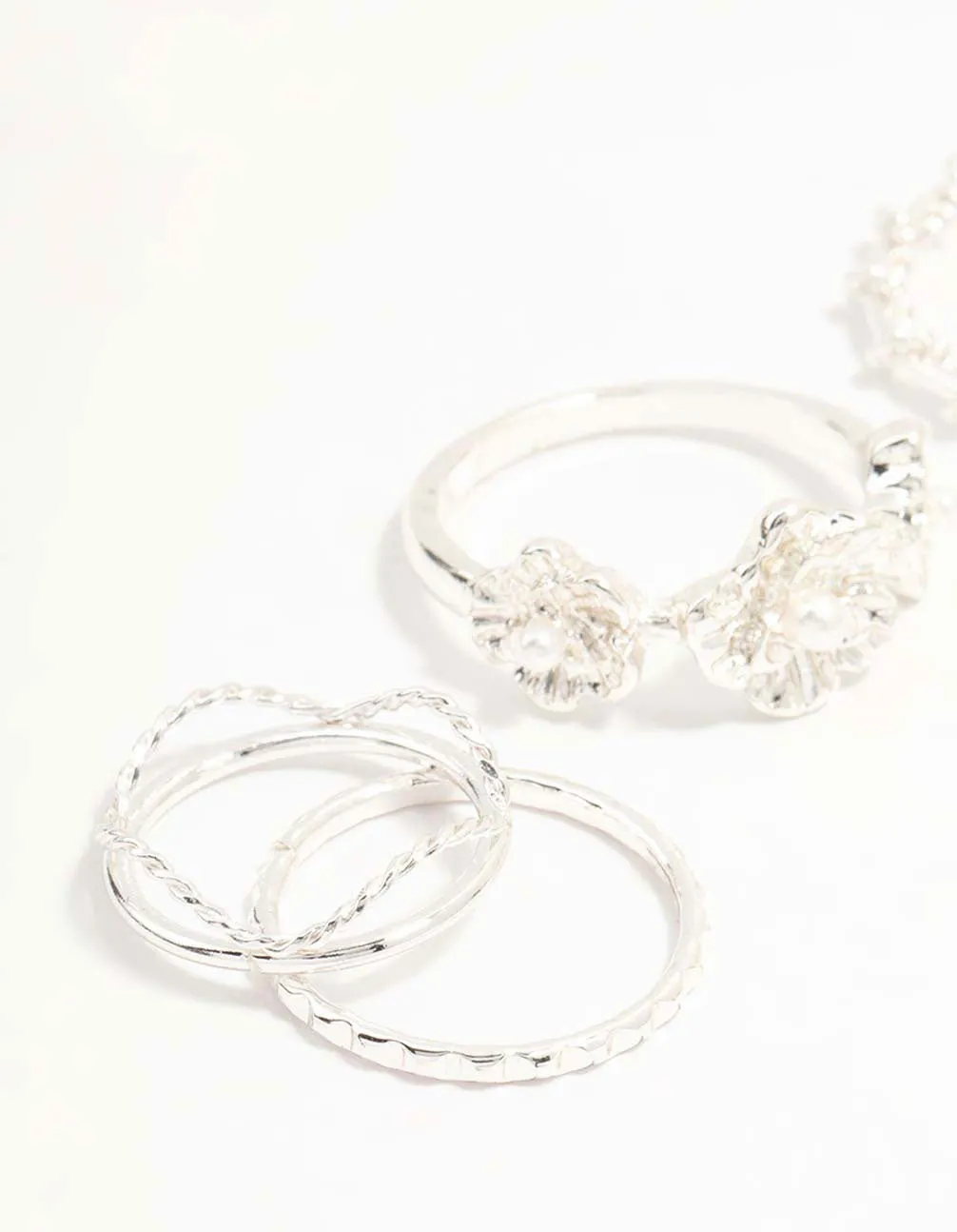 Silver Twisted, Sleek & Diamante Flower Style Rings 6-Pack