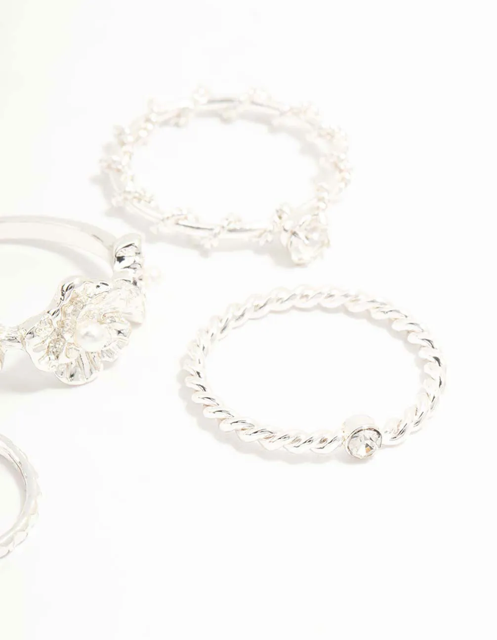 Silver Twisted, Sleek & Diamante Flower Style Rings 6-Pack