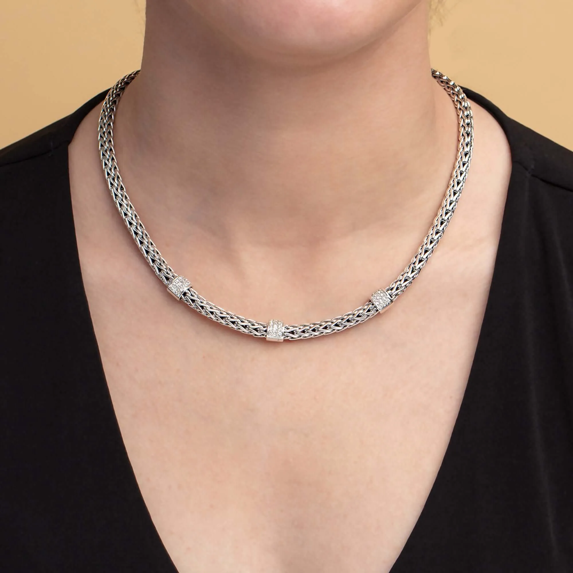Silver Woven Chain White Sapphire Three Station Necklace