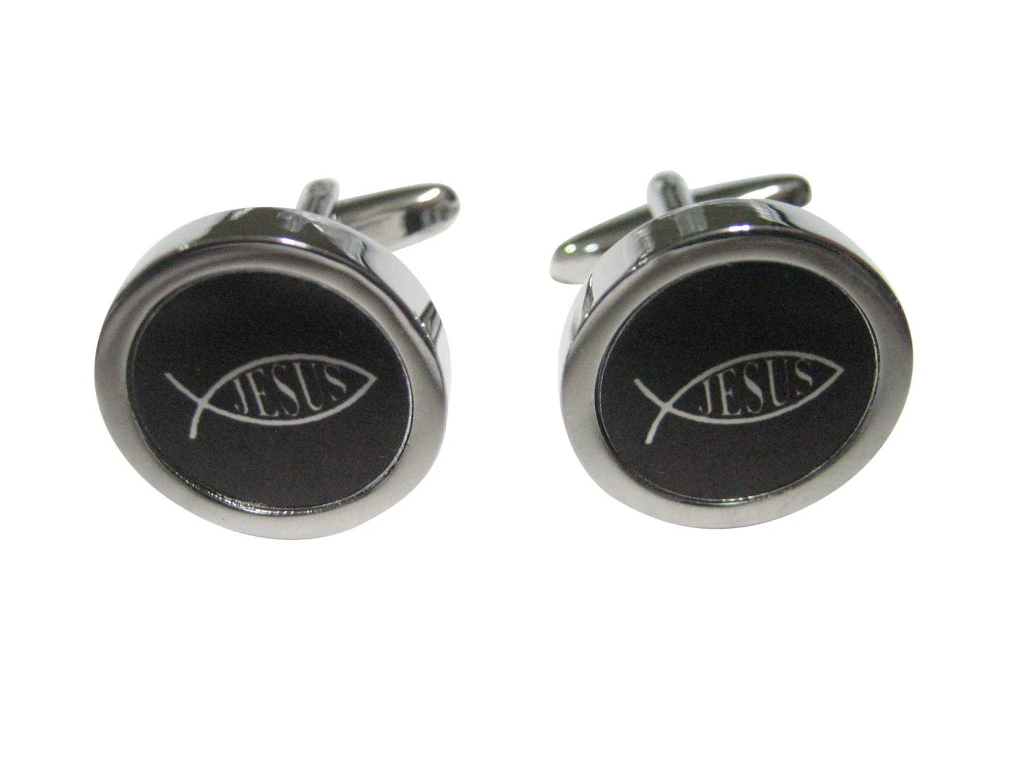 Sleek Black and Silver Toned Religious Ichthys Jesus Fish Cufflinks