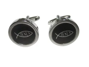 Sleek Black and Silver Toned Religious Ichthys Jesus Fish Cufflinks