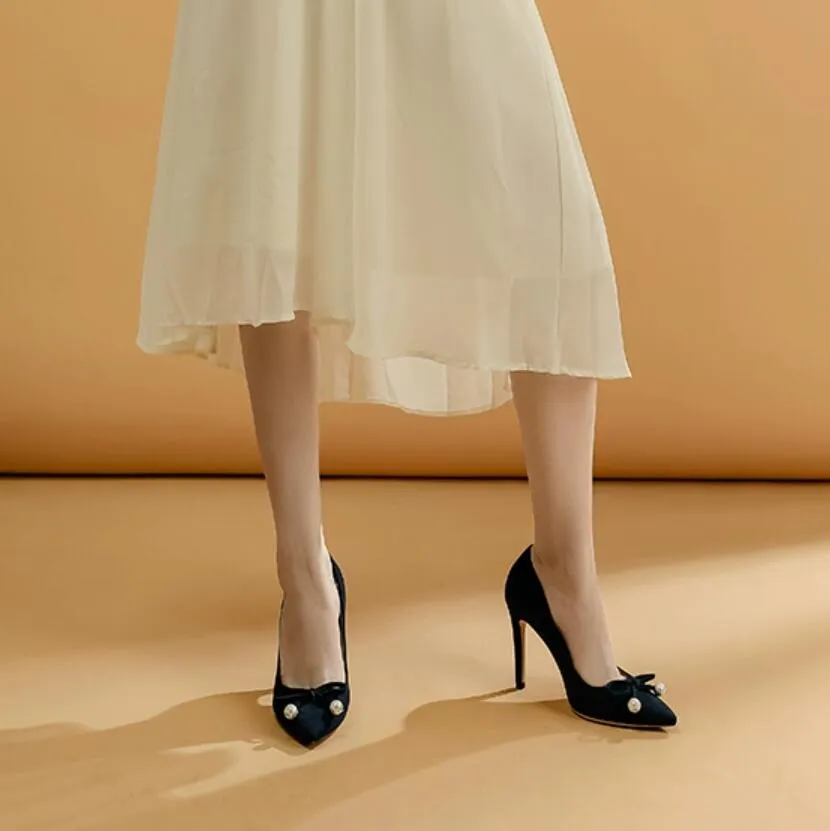 Small Feet Ladies Suede Heels With Bow Tie MS120