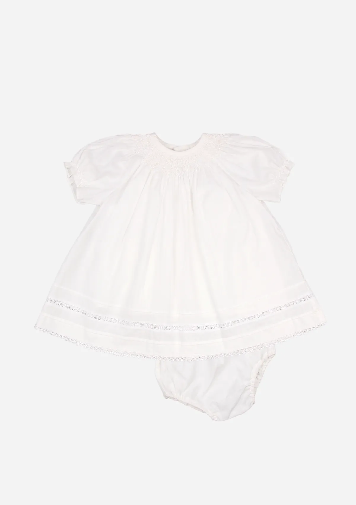 Smocked Lace Inserted Dress, White