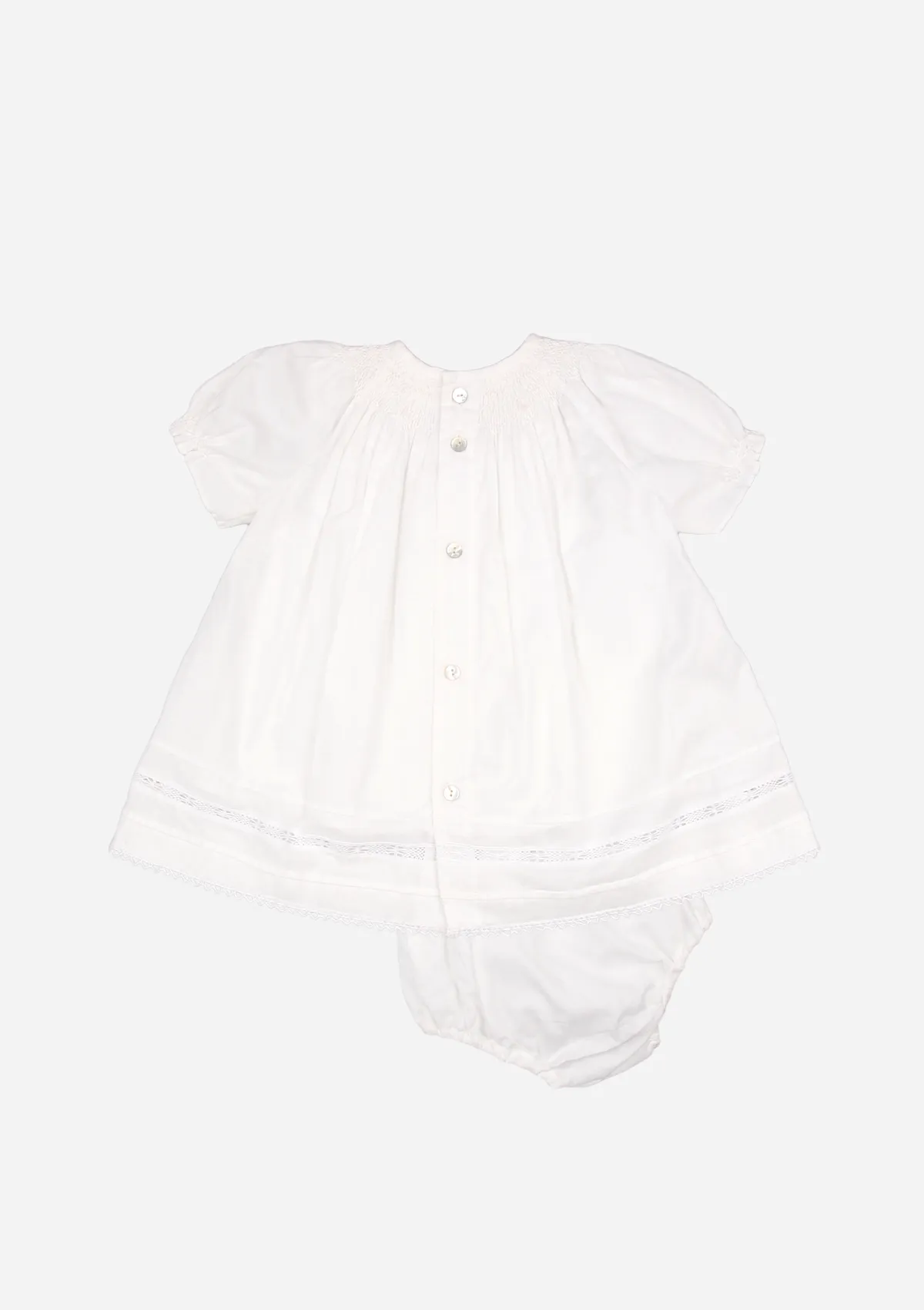 Smocked Lace Inserted Dress, White