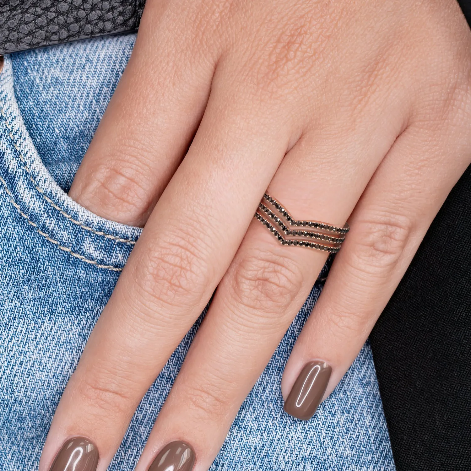 Solara - Three-Stripe Natural Black Diamond Wedding RIng