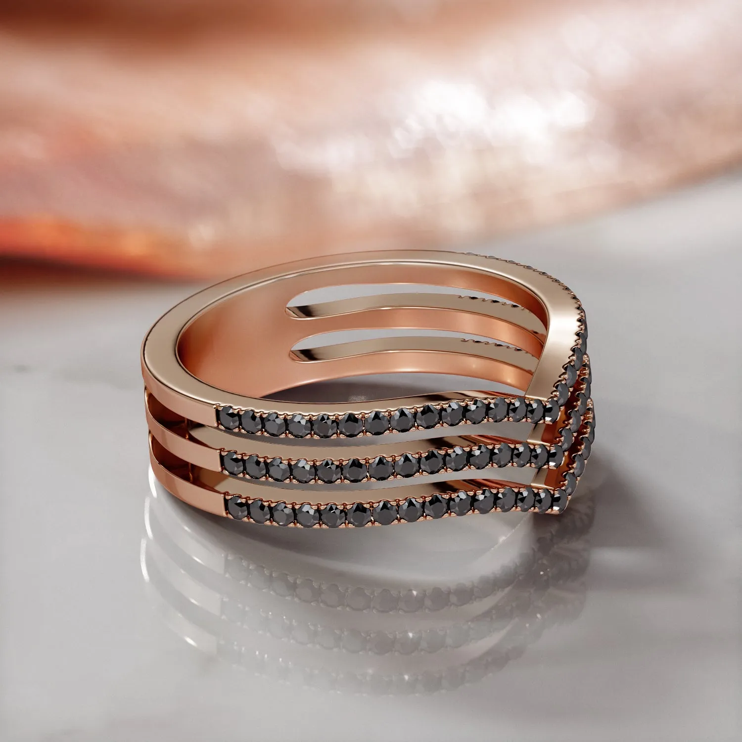 Solara - Three-Stripe Natural Black Diamond Wedding RIng