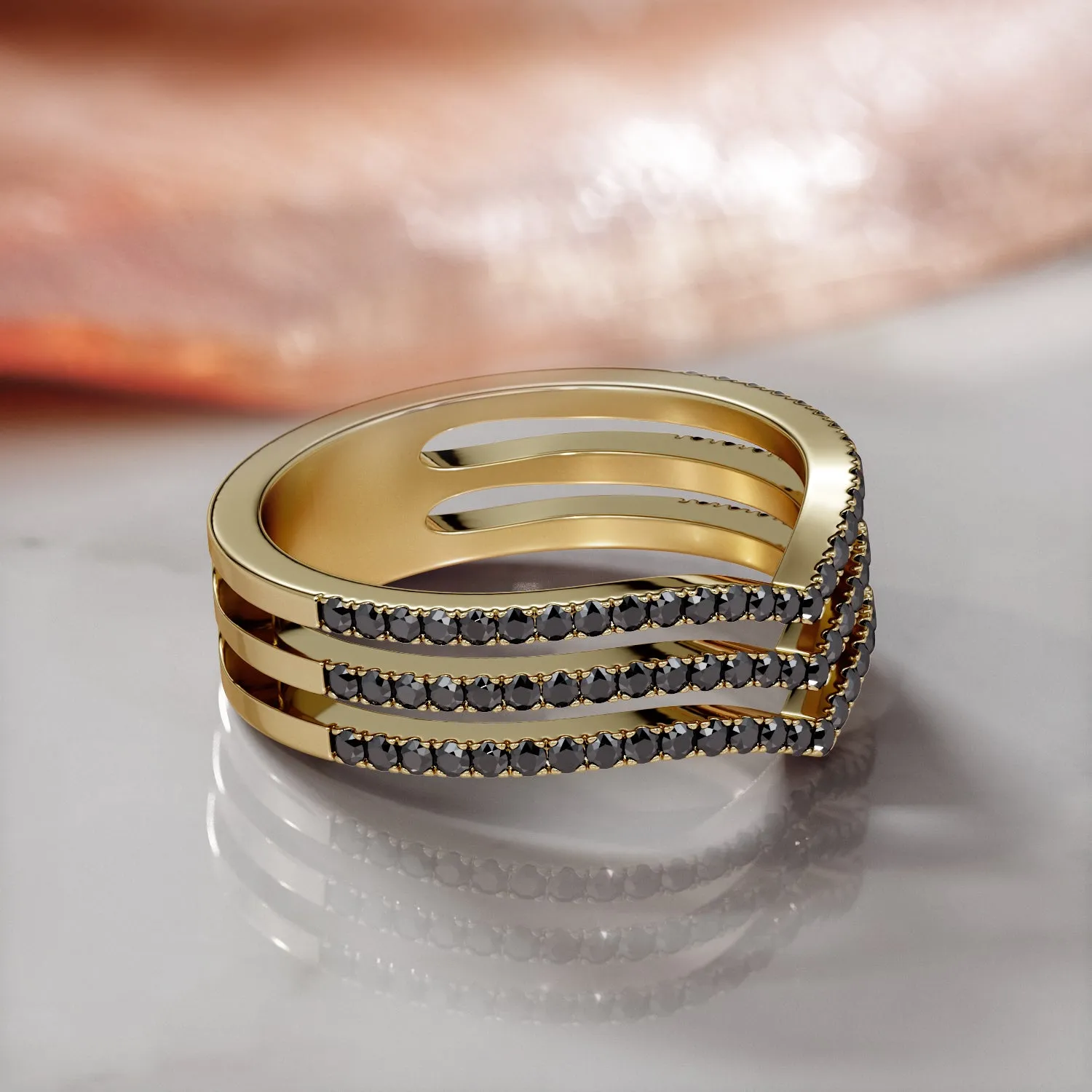 Solara - Three-Stripe Natural Black Diamond Wedding RIng