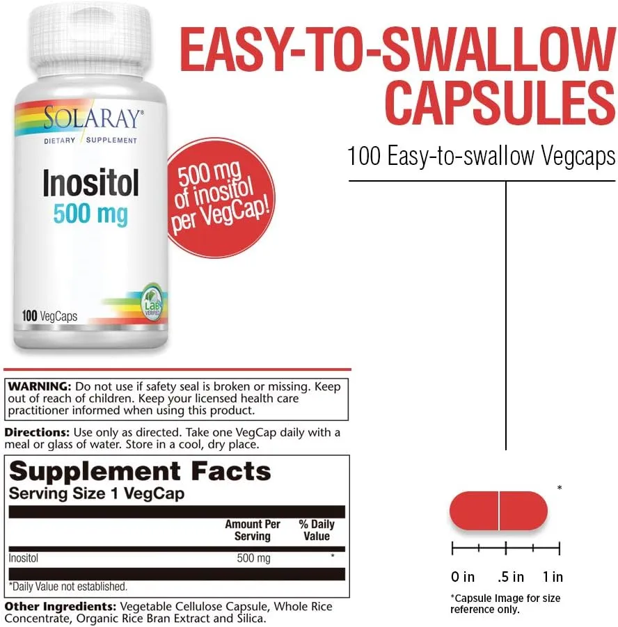 Solaray Inositol 500mg - 100 VegCaps - Non-GMO, Vegan - 100 Servings