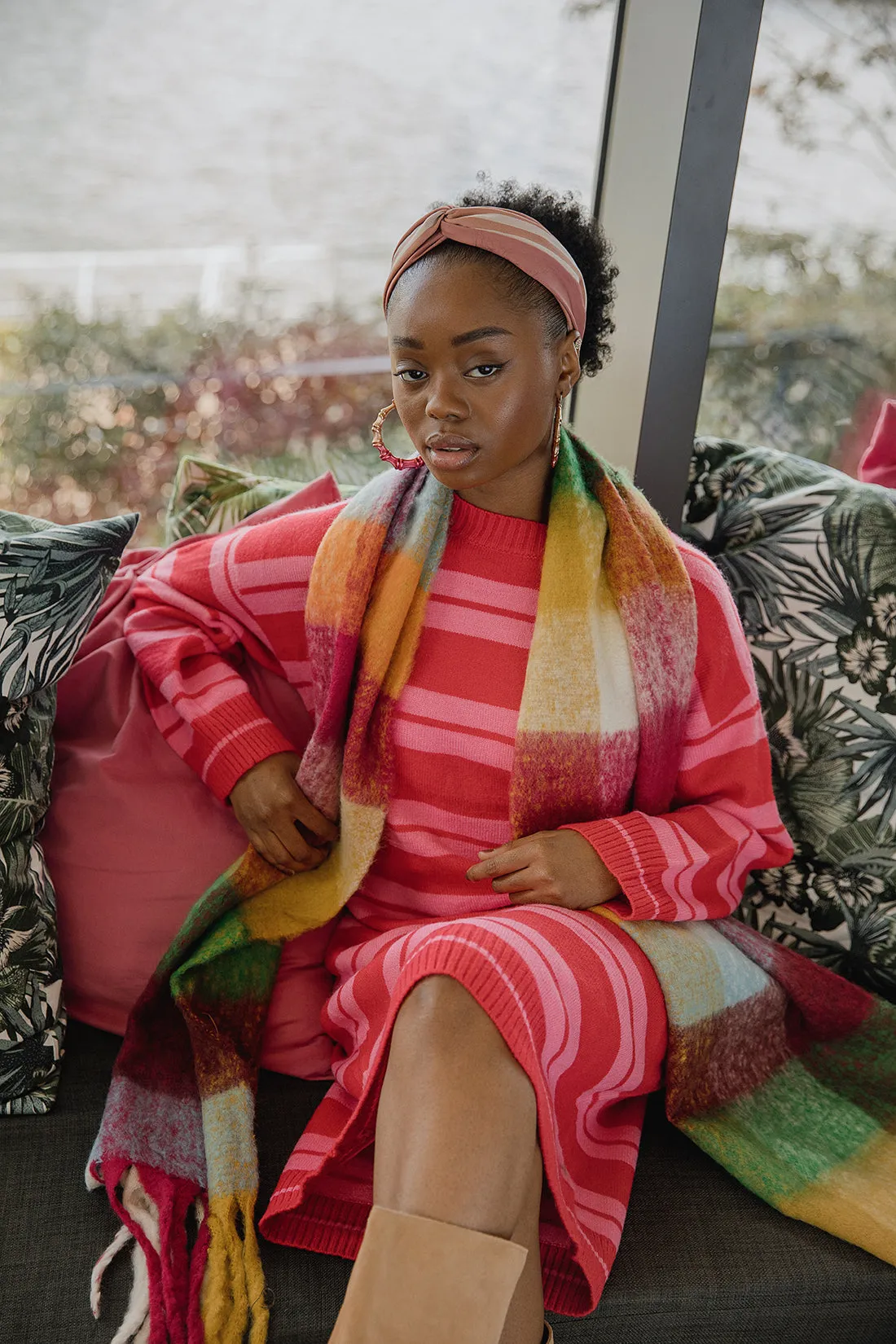 Striped Contrast Knit Relaxed Midi Dress
